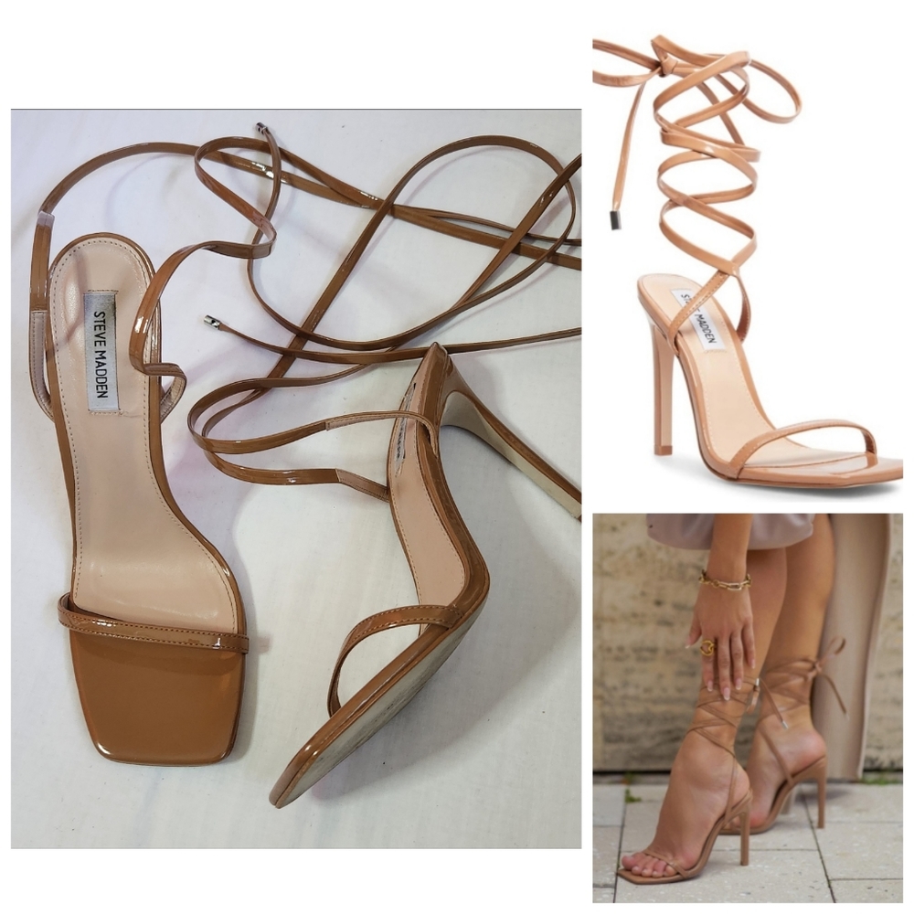 Steve Madden Uplift Heels Heeled Sandals Ankle Wrap Ties Camel Patent Leather
